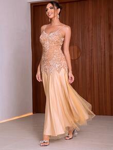 Joyfunear Contrast Sequin Mesh Hem Cami Dress - Champagne - View 3