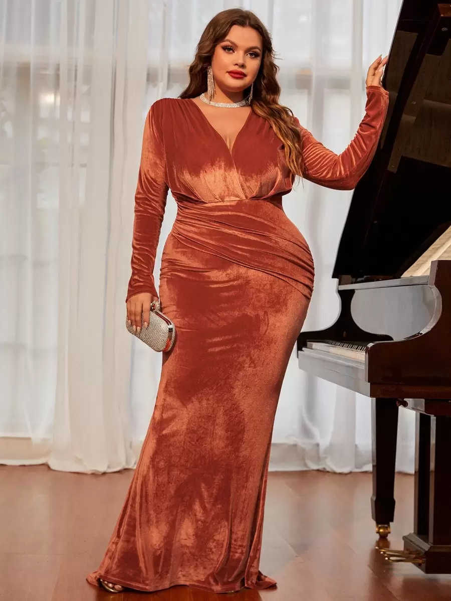 加大褶皱天鹅绒紧身连衣裙优雅长袖正式晚会舞会婚礼宾客礼服，适合毕业典礼、晚宴 - 亮橙色 - 查看 1