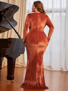 加大褶皱天鹅绒紧身连衣裙优雅长袖正式晚会舞会婚礼宾客礼服，适合毕业典礼、晚宴 - 亮橙色 - 查看 2