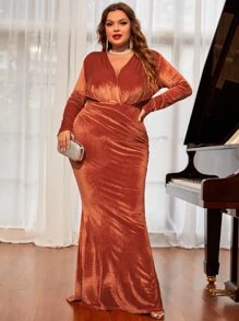 加大褶皱天鹅绒紧身连衣裙优雅长袖正式晚会舞会婚礼宾客礼服，适合毕业典礼、晚宴 - 亮橙色 - 查看 3