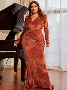 加大褶皱天鹅绒紧身连衣裙优雅长袖正式晚会舞会婚礼宾客礼服，适合毕业典礼、晚宴 - 亮橙色 - 查看 4