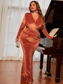 加大褶皱天鹅绒紧身连衣裙优雅长袖正式晚会舞会婚礼宾客礼服，适合毕业典礼、晚宴 - 亮橙色 - 查看 5