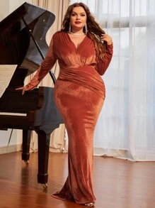加大褶皱天鹅绒紧身连衣裙优雅长袖正式晚会舞会婚礼宾客礼服，适合毕业典礼、晚宴 - 亮橙色 - 查看 6