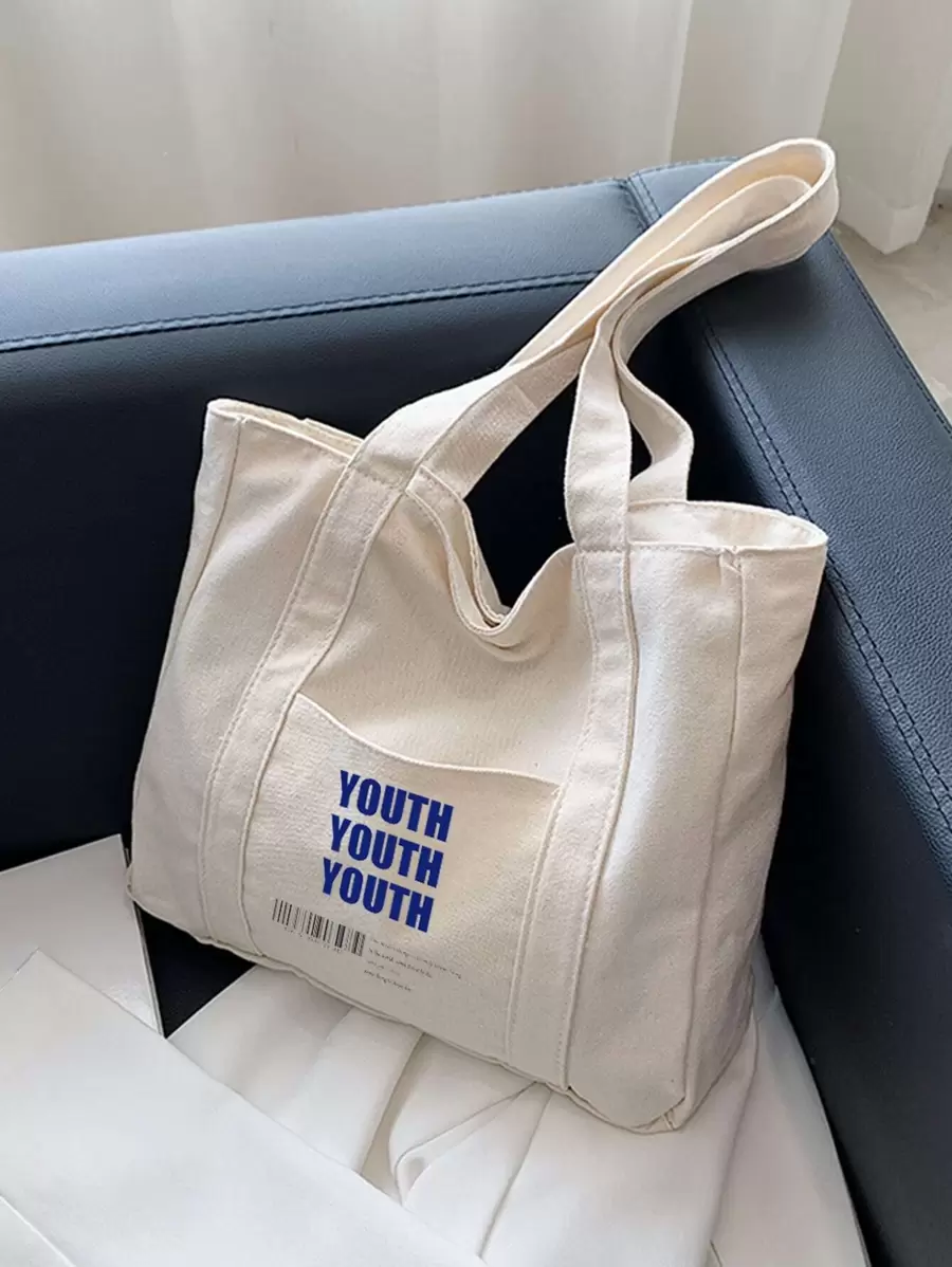 Bolsa de compras con estampado de letra con bolsillo delantero - Beis - Ver 1