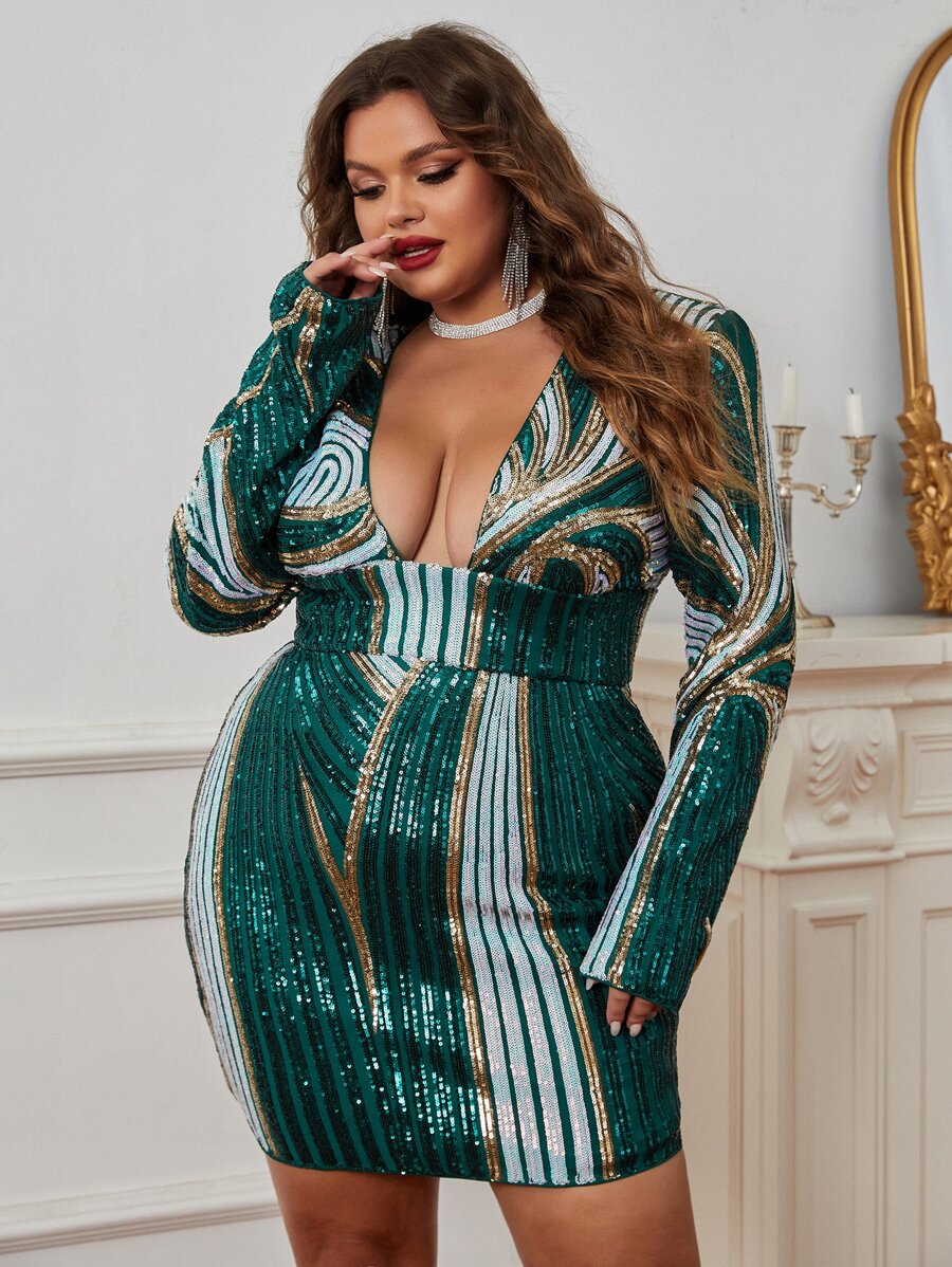 Đầm Plus Size Lộ Lưng ghép mộng kim sa Buộc lại Dây kéo Khối Màu Hấp dẫn - màu xanh lá - Xem 1