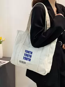 Bolsa de compras con estampado de letra con bolsillo delantero - Beis - Ver 2