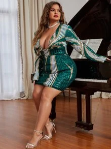 Đầm Plus Size Lộ Lưng ghép mộng kim sa Buộc lại Dây kéo Khối Màu Hấp dẫn - màu xanh lá - Xem 6