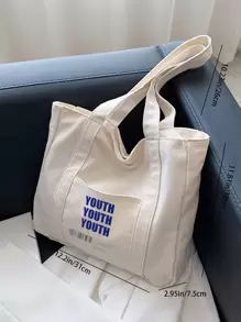 Bolsa de compras con estampado de letra con bolsillo delantero - Beis - Ver 6