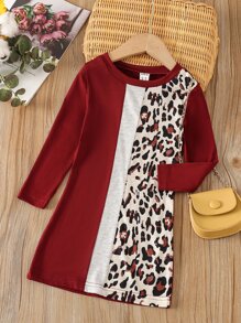 SHEIN 小女童豹紋印花拼接連衣裙 - 彩色 - 查看 1