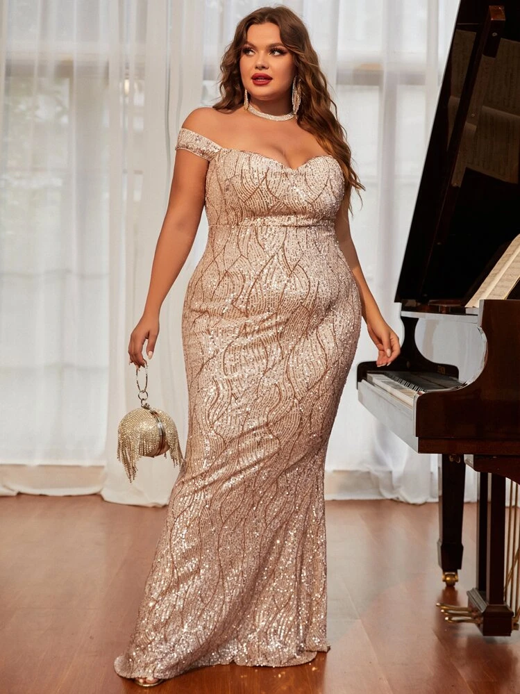 Plus Off Shoulder Sequins Formal Dress - Champagne - View 6