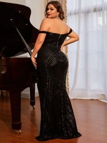 Plus Off Shoulder Split Thigh Sequins Formal Dress - Black - View 3