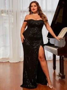 Plus Off Shoulder Split Thigh Sequins Formal Dress - Black - View 5