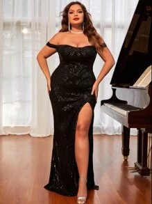 Plus Off Shoulder Split Thigh Sequins Formal Dress - Black - View 6