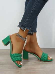 Women Braided Detail Chunky Heeled Mule Sandals, Fashion Summer Heeled Sandals - Green - View 2