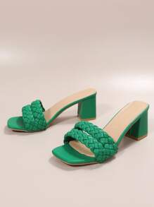 Women Braided Detail Chunky Heeled Mule Sandals, Fashion Summer Heeled Sandals - Green - View 7
