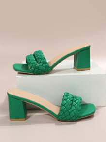 Women Braided Detail Chunky Heeled Mule Sandals, Fashion Summer Heeled Sandals - Green - View 6