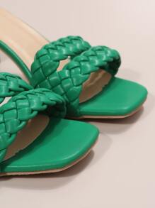 Women Braided Detail Chunky Heeled Mule Sandals, Fashion Summer Heeled Sandals - Green - View 4