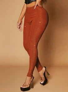 SHEIN SXY 素色高腰金屬亮絲緊身打底褲 - 亮橙色 - 查看 1
