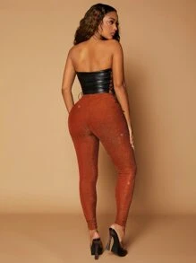 SHEIN SXY 素色高腰金屬亮絲緊身打底褲 - 亮橙色 - 查看 2