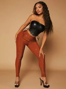 SHEIN SXY 素色高腰金屬亮絲緊身打底褲 - 亮橙色 - 查看 6