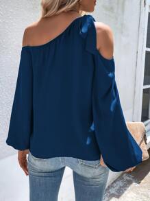 SHEIN LUNE Cold Shoulder Lantern Sleeve Blouse - Navy Blue - View 2