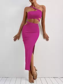 Breezaya One Shoulder Cut Out Top & Split Thigh Skirt - Hot Pink - View 1