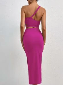 Breezaya One Shoulder Cut Out Top & Split Thigh Skirt - Hot Pink - View 2