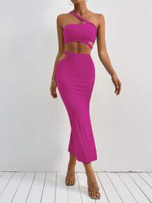 Breezaya One Shoulder Cut Out Top & Split Thigh Skirt - Hot Pink - View 3