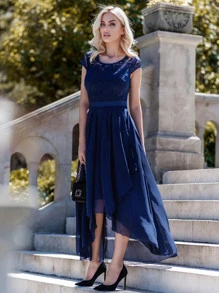 MIUSOL Formelles Kleid mit Spitzenbesatz, Stufensaum, Rüschen - marineblau - Übersicht 1