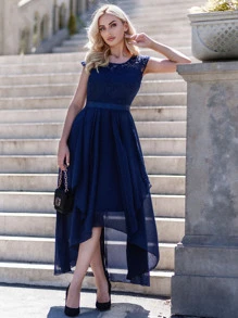 MIUSOL Formelles Kleid mit Spitzenbesatz, Stufensaum, Rüschen - marineblau - Übersicht 6