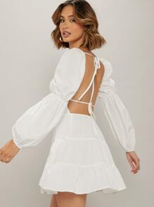 Vestido escote corazón de espalda abierta con cordón bajo con fruncido - Blanco - Ver 1
