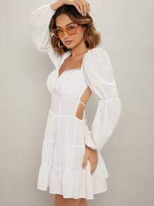 Vestido escote corazón de espalda abierta con cordón bajo con fruncido - Blanco - Ver 3