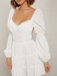 Vestido escote corazón de espalda abierta con cordón bajo con fruncido - Blanco - Ver 4