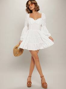 Vestido escote corazón de espalda abierta con cordón bajo con fruncido - Blanco - Ver 5