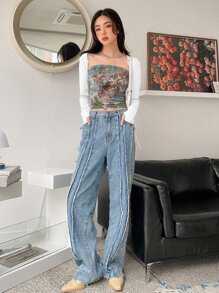 DAZY 纯色生菜边超短款上衣（无抹胸）长袖女式上衣 - 白色 - 查看 3