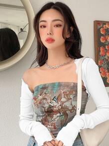 DAZY 纯色生菜边超短款上衣（无抹胸）长袖女式上衣 - 白色 - 查看 4