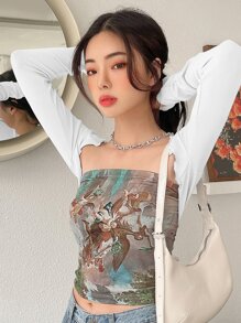 DAZY 纯色生菜边超短款上衣（无抹胸）长袖女式上衣 - 白色 - 查看 5