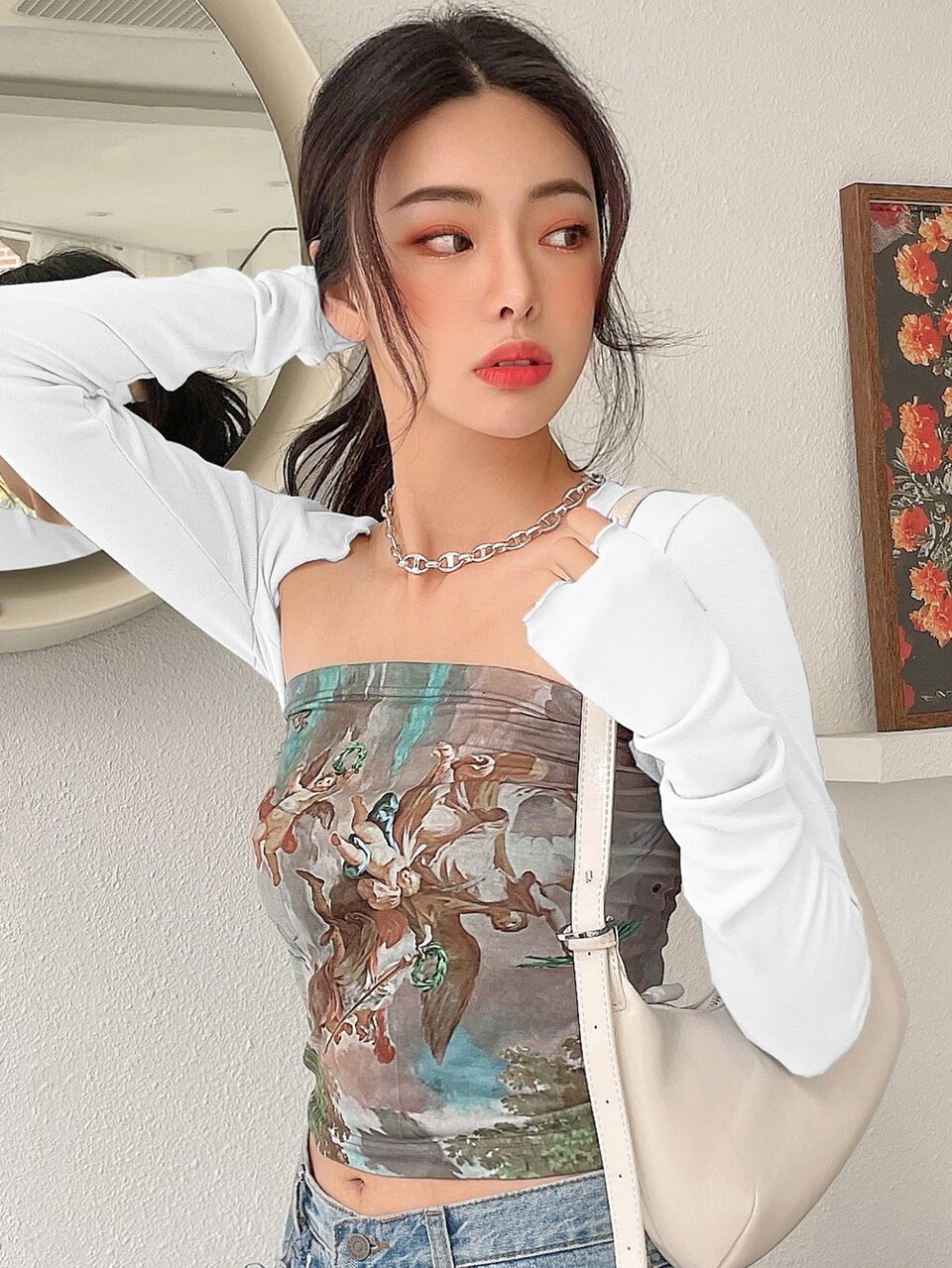 Solid Lettuce Trim Super Crop Top Without Tube Top Long Sleeve Women Tops