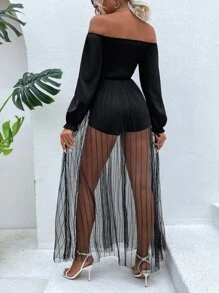 Chiquease Áo liền quần nữ Tương phản Mesh màu trơn Gợi cảm - màu đen - Xem 2