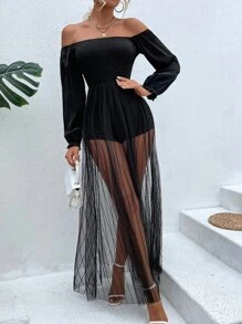 Chiquease Áo liền quần nữ Tương phản Mesh màu trơn Gợi cảm - màu đen - Xem 5