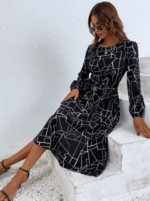 SHEIN LUNE Geo Print Belted A-line Dress - Black - View 5