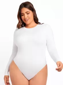 SHEIN Essnce Plus Solid Slim Fit Tee Bodysuit, For Winter - White - View 2