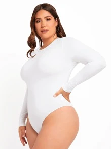 SHEIN Essnce Plus Solid Slim Fit Tee Bodysuit, For Winter - White - View 8