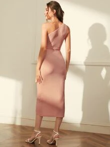 Modelyn One Shoulder Wrap Knot Side Dress - Dusty Pink - View 2