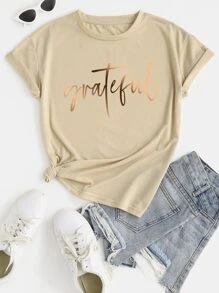 SHEIN LUNE Áo thun nữ Lá thư Giải trí - Màu be - Xem 1