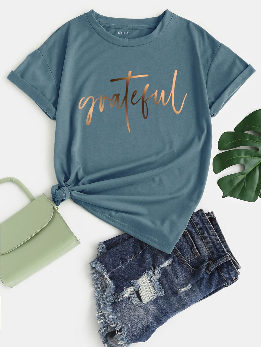 SHEIN LUNE 字母圖案落肩T恤 - 霧霾藍 - 查看 1