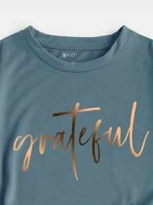 SHEIN LUNE 字母圖案落肩T恤 - 霧霾藍 - 查看 3