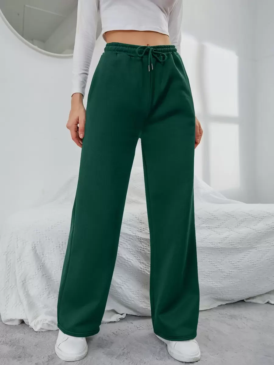 INAWLY Solid Drawstring Slant Pocket Sweatpants - Dark Green - View 1