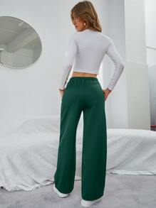 INAWLY Solid Drawstring Slant Pocket Sweatpants - Dark Green - View 2