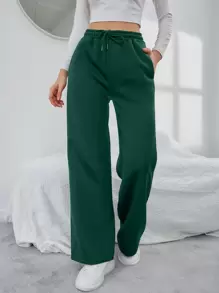 INAWLY Solid Drawstring Slant Pocket Sweatpants - Dark Green - View 3